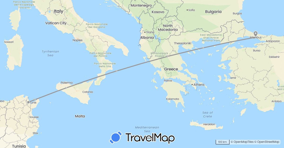 TravelMap itinerary: plane in Tunisia, Turkey (Africa, Asia)
